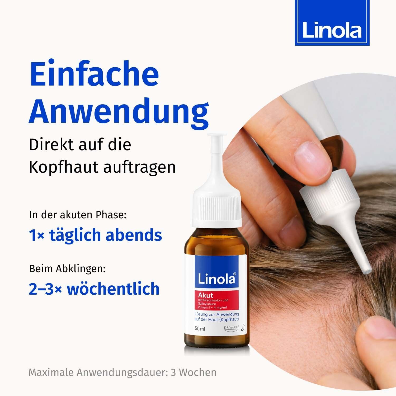 Grafik mit Flasche und Hand. Text: Einfache Anwendung. Direkt auf die Kopfhaut auftragen. 1x täglich abends. Maximale Anwendungsdauer: 3 Wochen.
