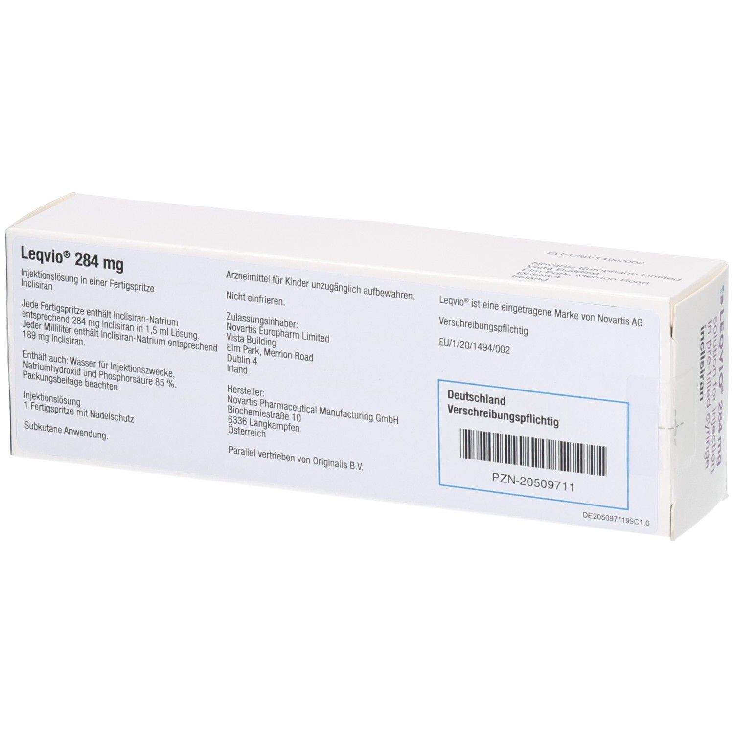 Verpackung von Leqvio 284 mg Injektionslösung.