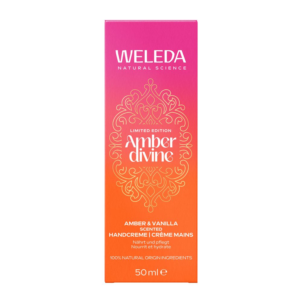 Weleda Amber Divine Handcreme Box, limitiert, 50ml, mit orangem und pinkem Farbverlauf.