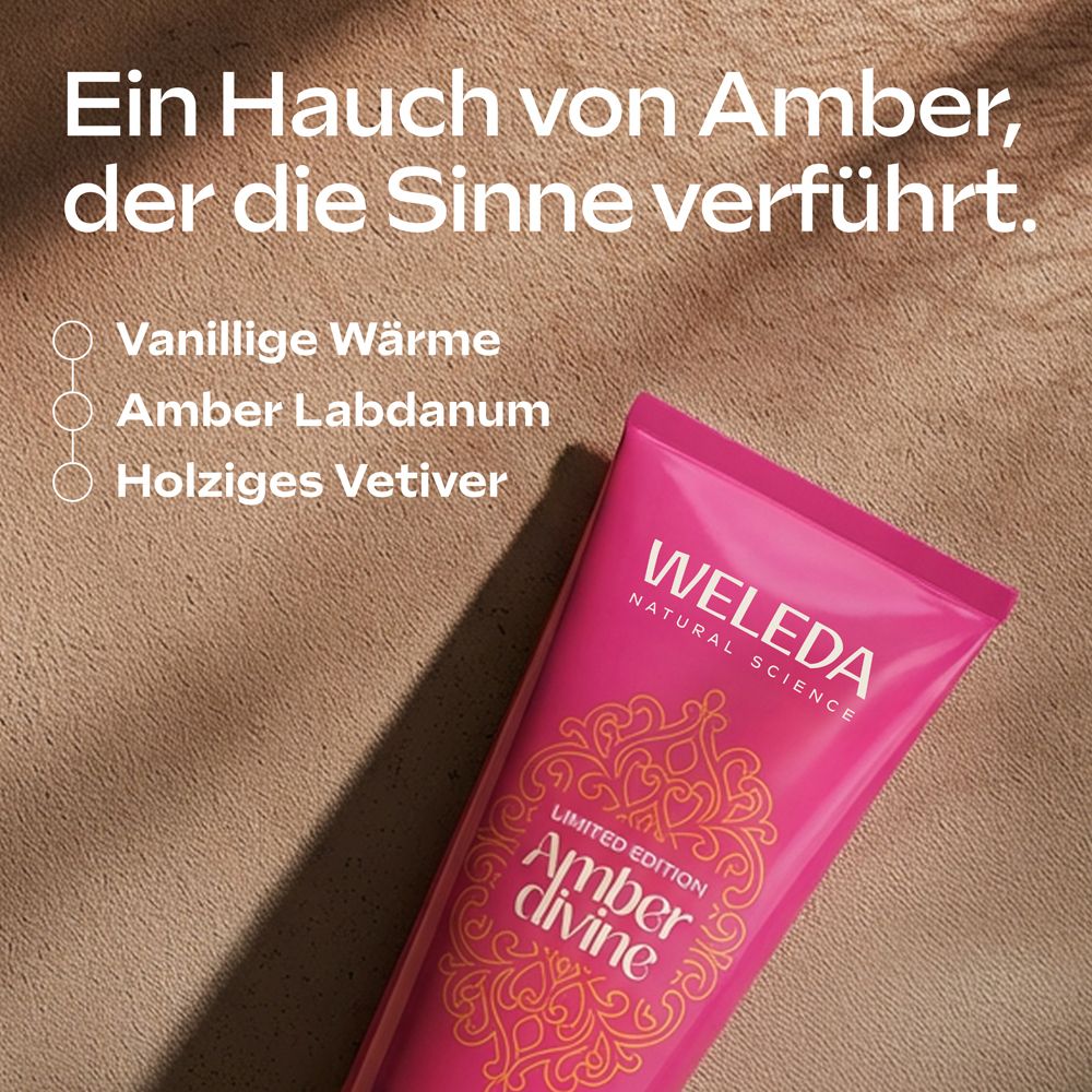 Weleda Amber Divine Handcreme Tube mit Duftnoten von Vanille, Amber Labdanum und Vetiver.