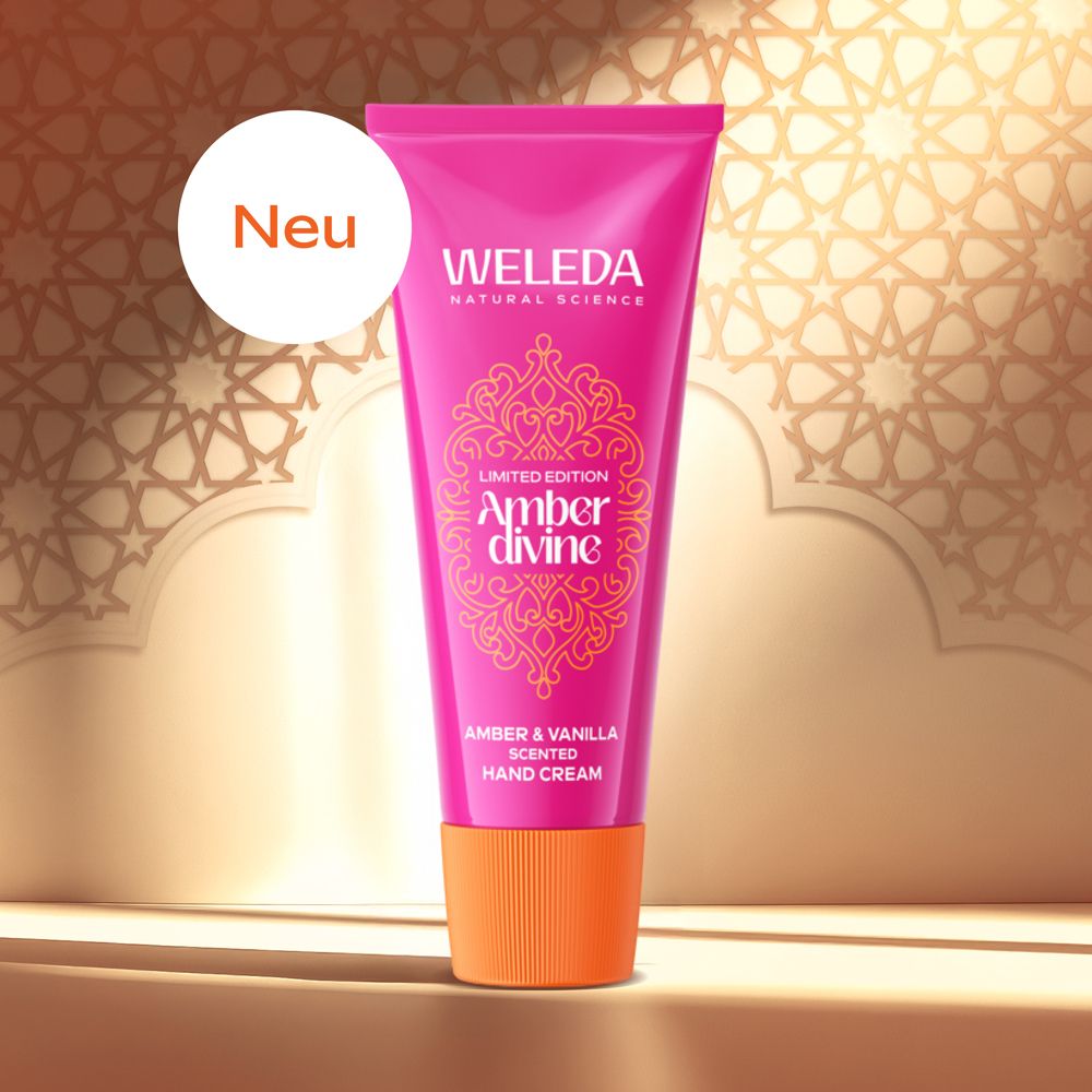 Weleda Amber Divine Handcreme Tube, limitiert, mit neuem Hinweis, orangem Verschluss.