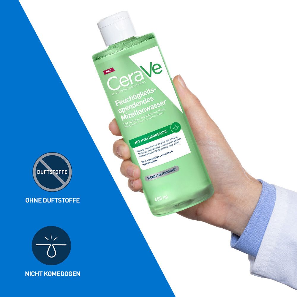 CeraVe Mizellenwasser in Hand, parfümfrei, nicht komedogen, mit Hyaluronsäure.