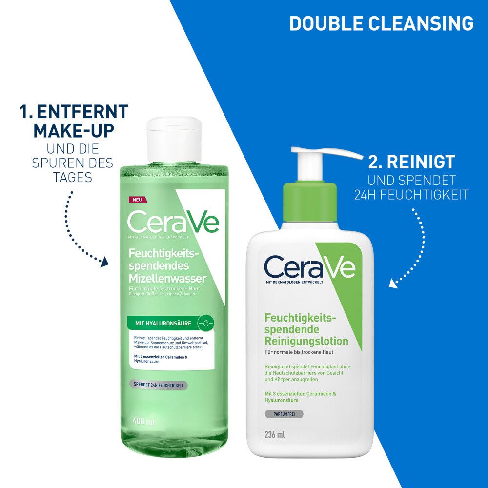 CeraVe Double Cleansing: Mizellenwasser und Reinigungslotion.