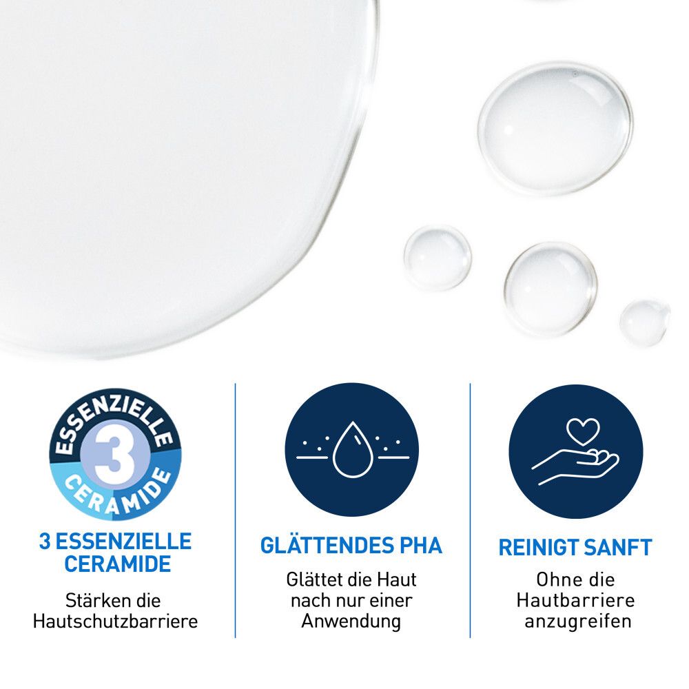 Drei Kreise zeigen: 3 essentielle Ceramide, glättendes PHA, sanfte Reinigung ohne Hautbarriere-Angriff.