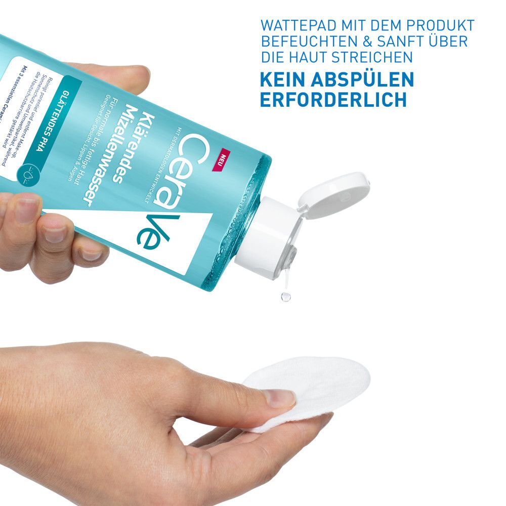 CeraVe Mizellenwasser wird auf ein Wattepad getropft. Kein Abspülen erforderlich.