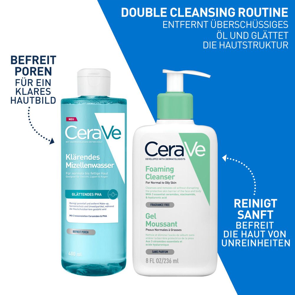CeraVe Mizellenwasser und CeraVe Foaming Cleanser nebeneinander. Doppelte Reinigungsroutine.