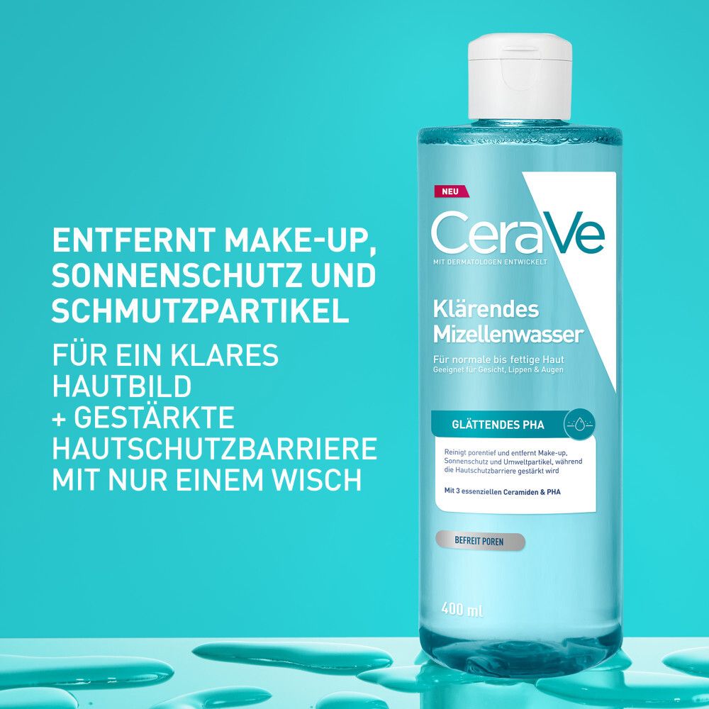 CeraVe Klärendes Mizellenwasser in Flasche. Entfernt Make-up und Schmutzpartikel für ein klares Hautbild.