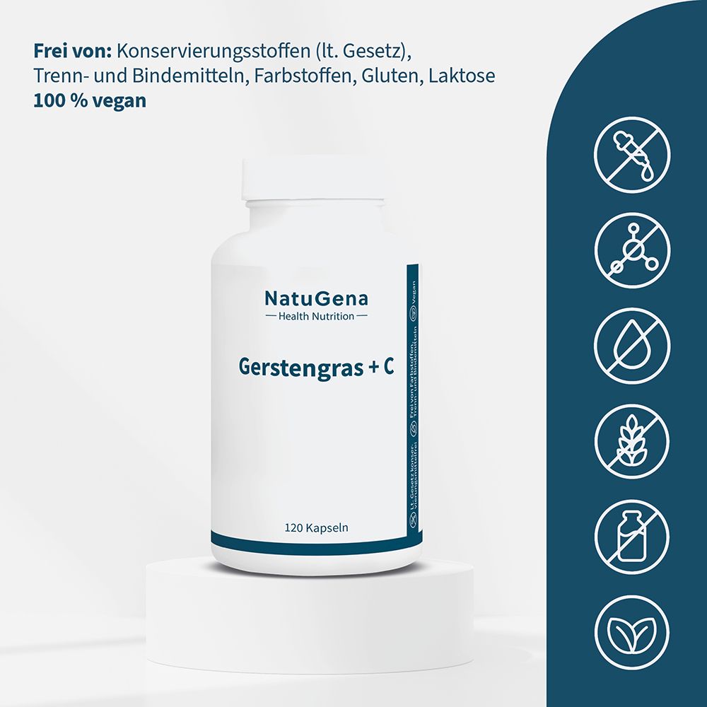 NatuGena Gerstengras + C Dose, 120 Kapseln, vegan, frei von Zusatzstoffen.