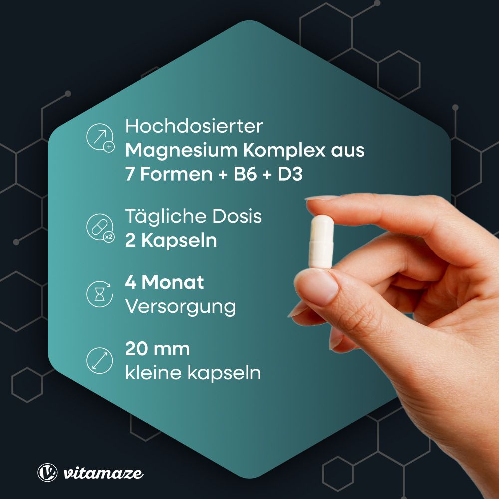 Hochdosierter Magnesium Komplex aus 7 Formen + B6 + D3. 2 Kapseln tägliche Dosis, 4 Monate Vorrat, 20 mm kleine Kapseln.
