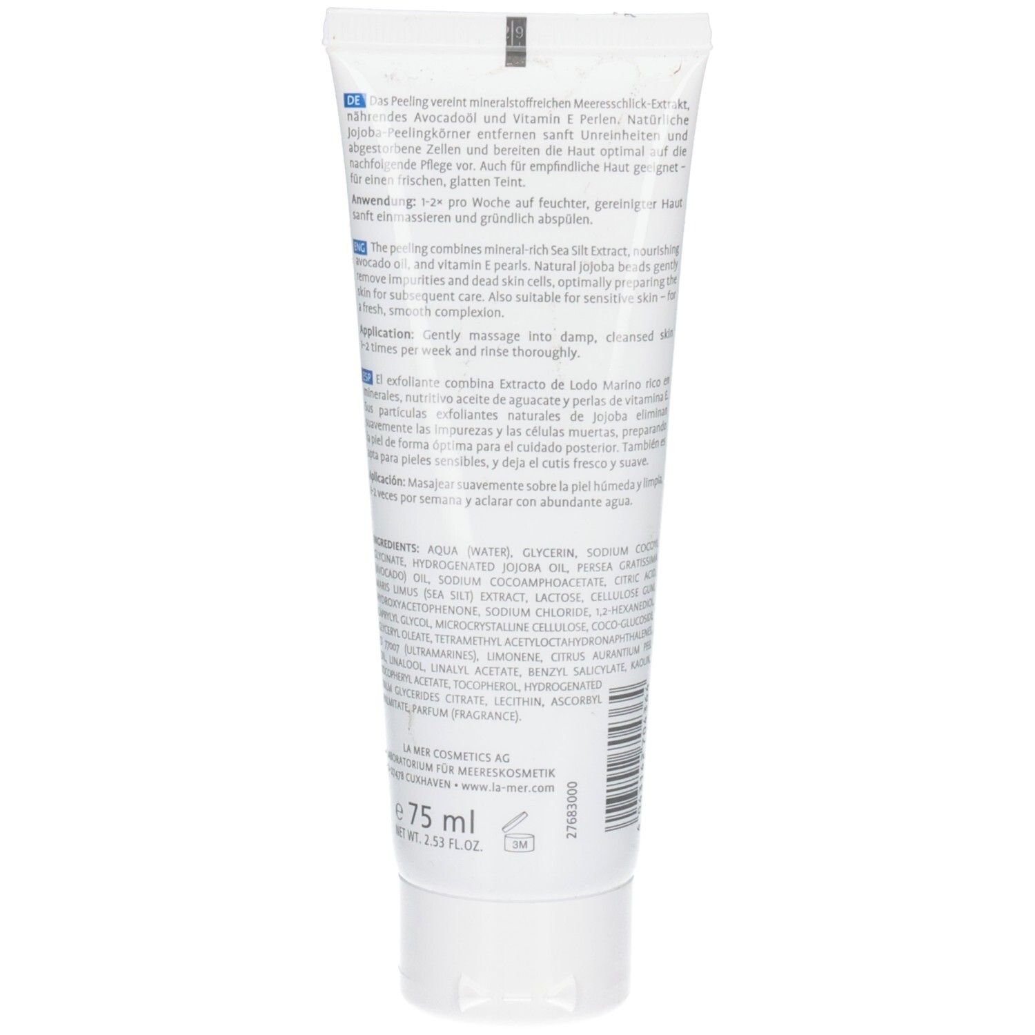 Weiße Tube mit Peeling-Text und 75 ml Angabe.