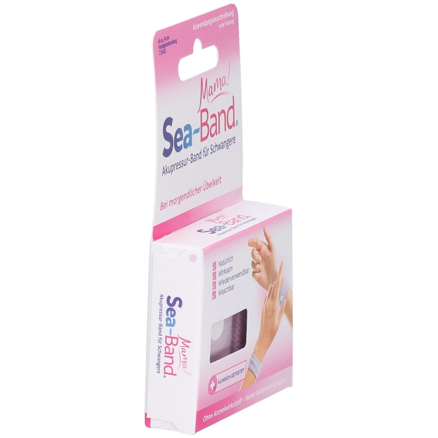 Seitenansicht der Verpackung mit Akupressurbändern. Rosa-weißes Design. Text: Sea-Band Mama!, Akupressurband für Schwangere.