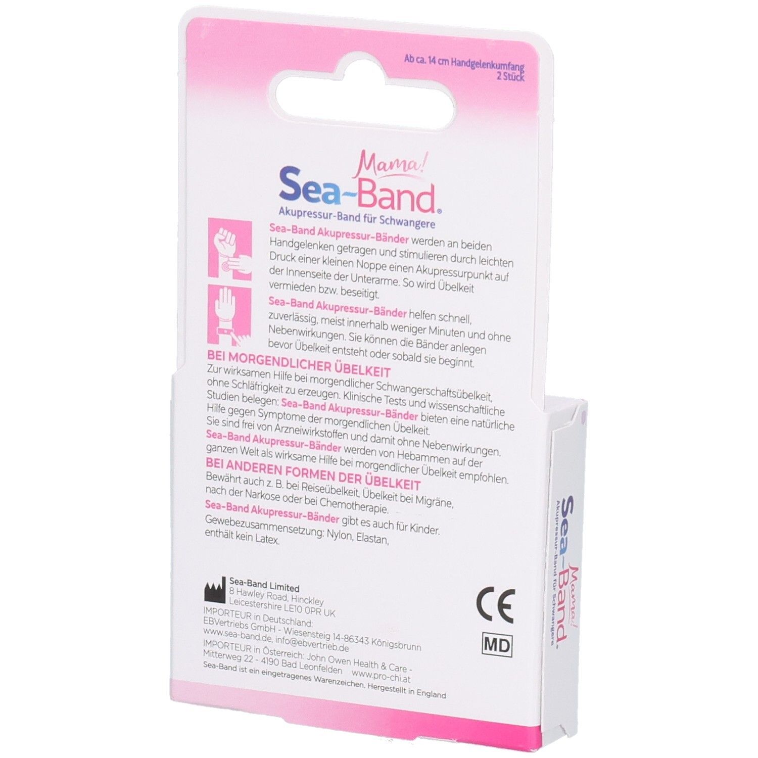 Rückseite der Verpackung mit Text. Text: Sea-Band Mama!, Akupressurbänder für Schwangere. CE-Kennzeichnung. Medizinprodukt.