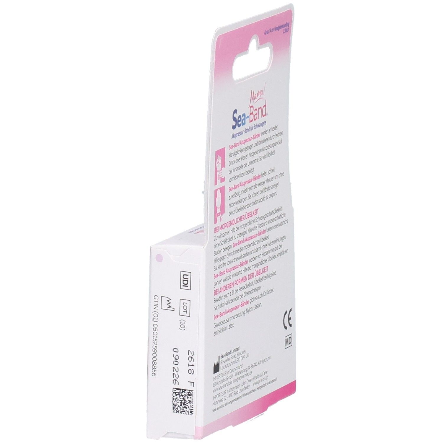 Seitenansicht der Verpackung mit Text und Barcode. Text: Sea-Band Mama!. CE-Kennzeichnung. Medizinprodukt.