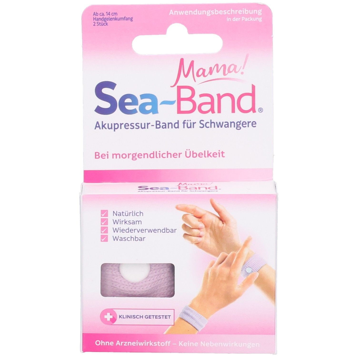 Verpackung mit zwei Akupressurbändern. Rosa-weißes Design. Text: Sea-Band Mama!, Akupressurband für Schwangere. Klinisch getestet.