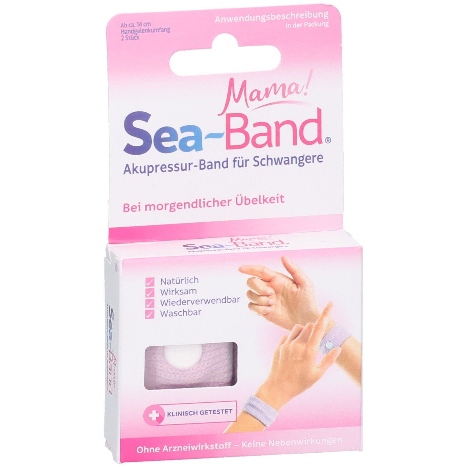 Verpackung mit zwei Akupressurbändern. Rosa-weißes Design. Text: Sea-Band Mama!, Akupressurband für Schwangere. Klinisch getestet.