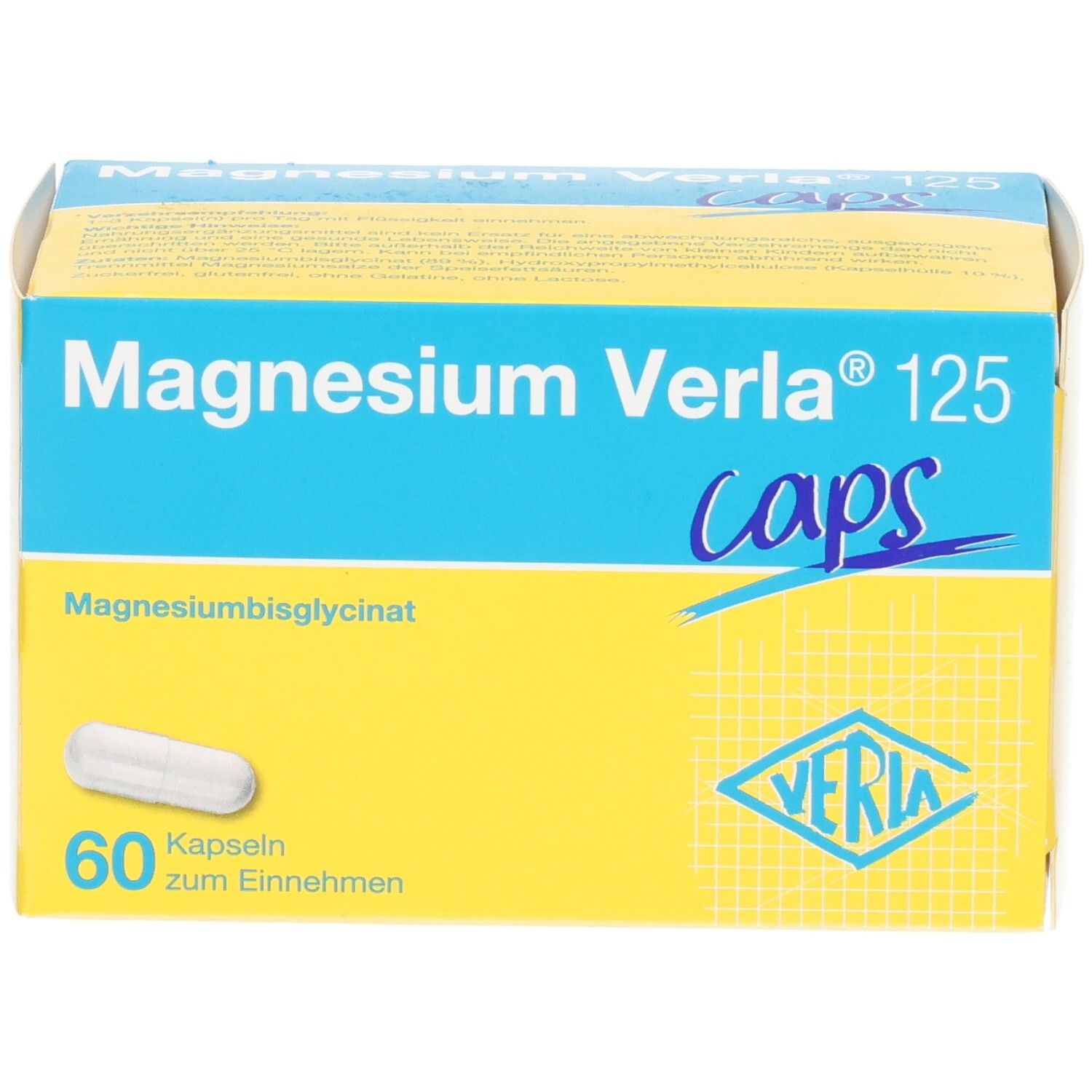 Magnesium Verla 125 Caps Schachtel, Vorderseite mit Kapselabbildung.