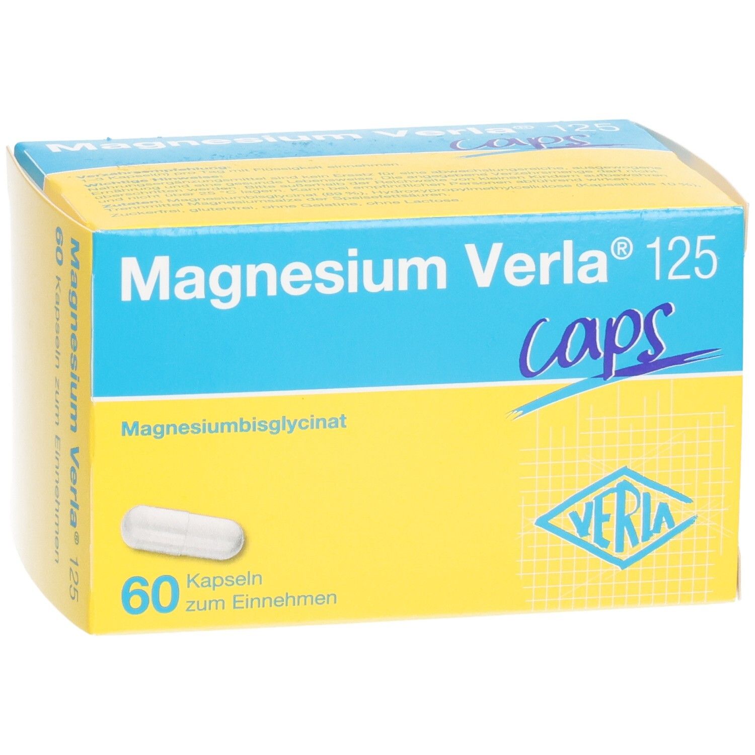 Magnesium Verla 125 Caps Schachtel, schräg von vorne.