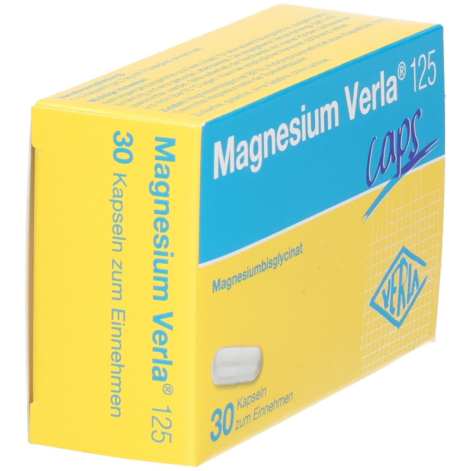 Magnesium Verla 125 Caps: Gelbe Packung mit blauer Banderole, Seitenansicht, zeigt eine Kapsel und die Aufschrift '30 Kapseln'.