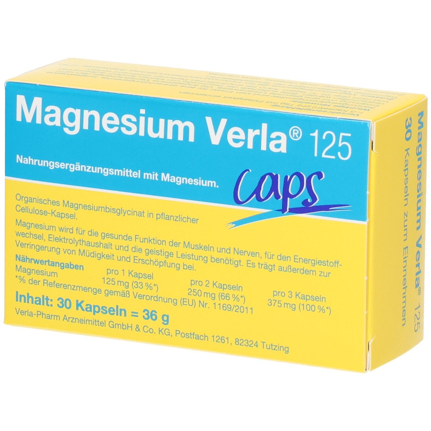 Magnesium Verla 125 Caps: Gelbe Packung mit blauer Banderole, Vorderseite mit detaillierten Informationen und Nährwertangaben.