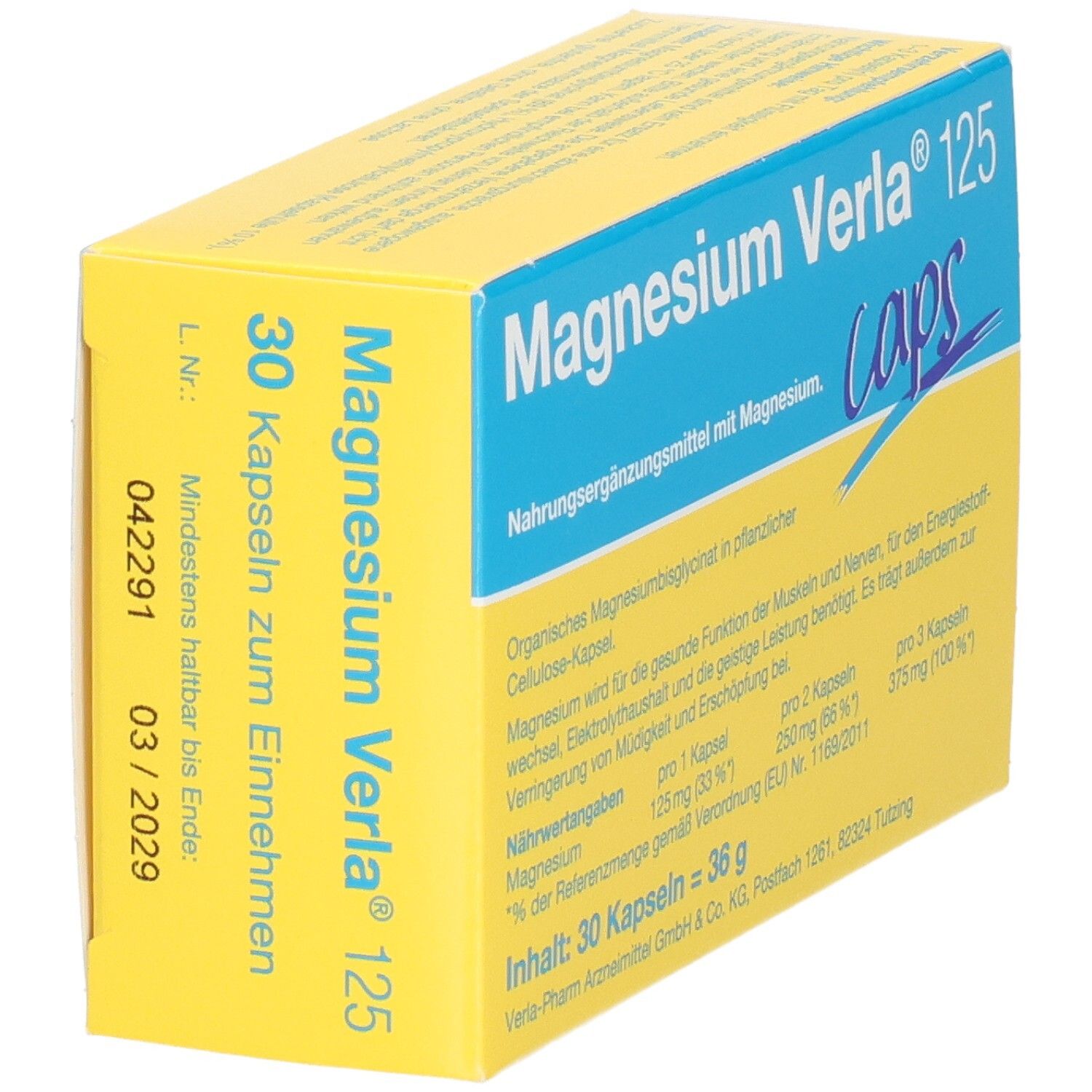 Magnesium Verla 125 Caps: Gelbe Packung mit blauer Banderole, Seitenansicht mit Chargennummer und Verfallsdatum.