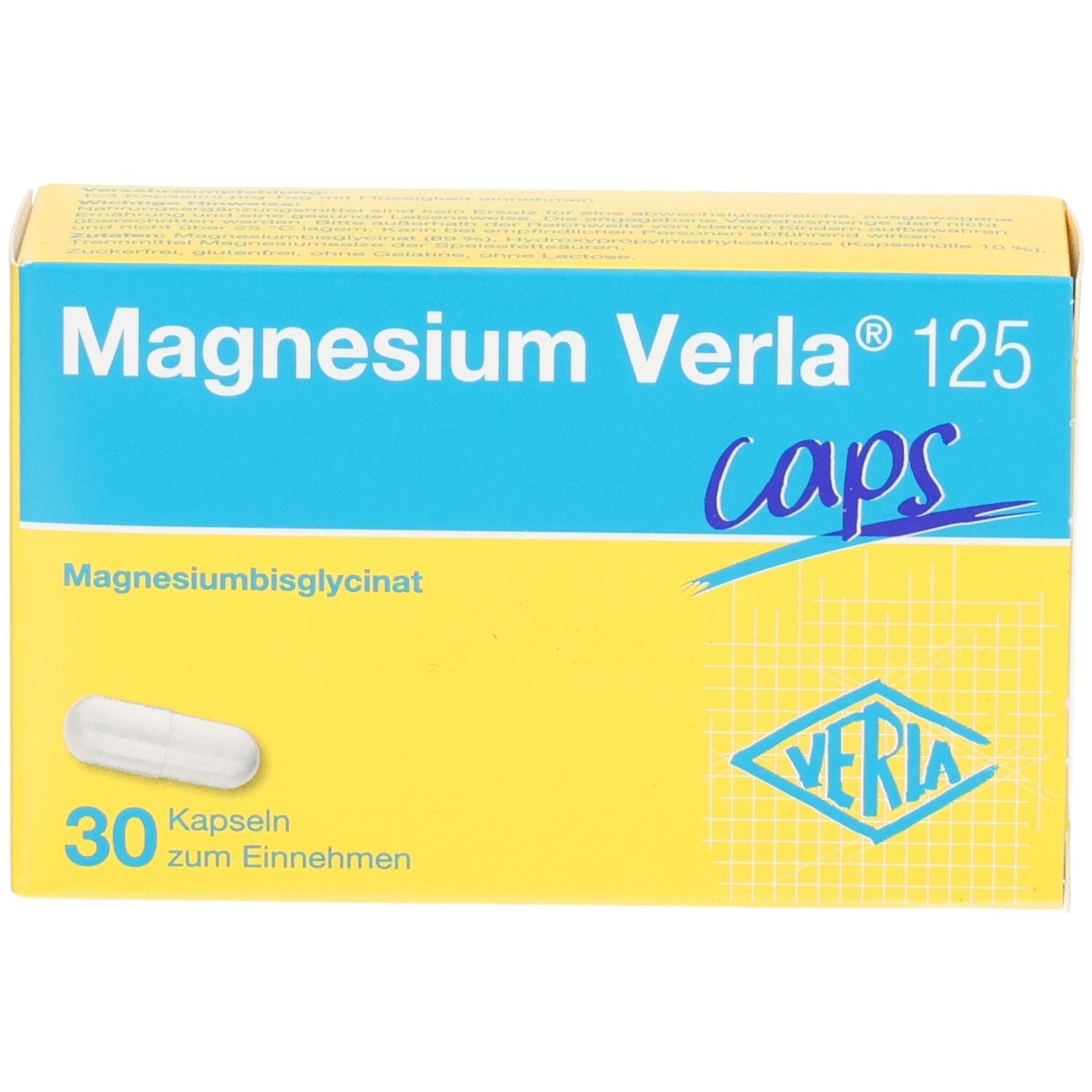 Magnesium Verla 125 Caps: Gelbe Packung mit blauer Banderole, zeigt eine Kapsel und die Aufschrift '30 Kapseln'.