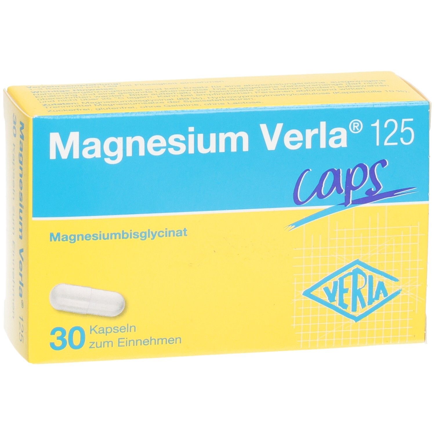Magnesium Verla 125 Caps: Gelbe Packung mit blauer Banderole, zeigt eine Kapsel und die Aufschrift '30 Kapseln'.