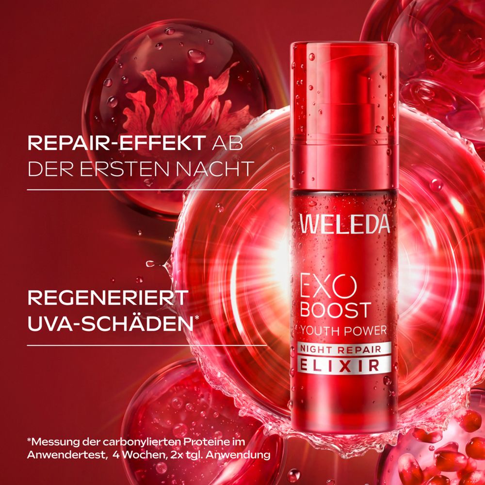 Weleda Exo Boost Elixir Flasche neben roten, abstrakten Kreisen. Repair-Effekt ab erster Nacht.