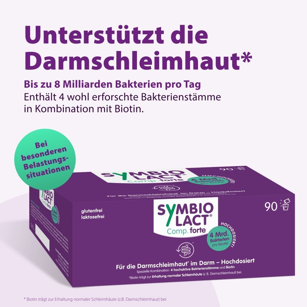 Packung SymbioLact Comp. forte. Unterstützt die Darmschleimhaut. Bis zu 8 Milliarden Bakterien pro Tag.