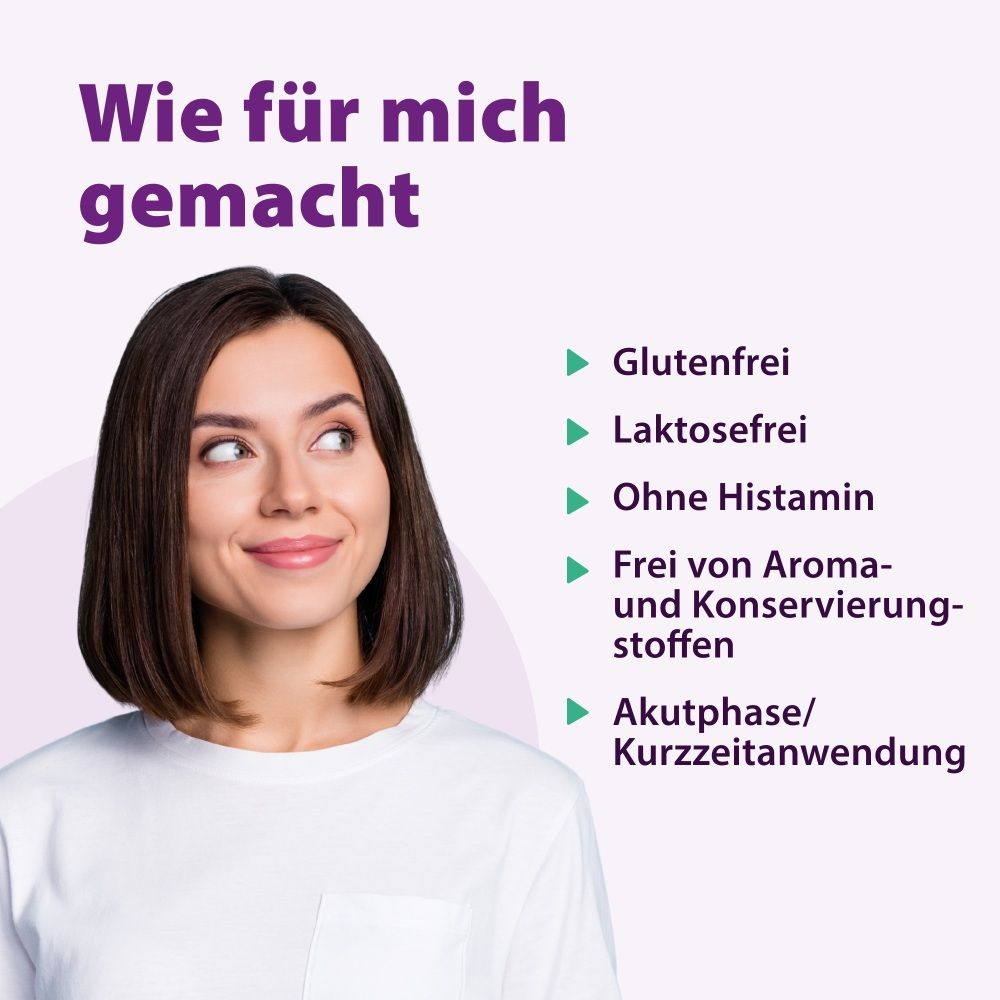 Frau blickt nach oben. Liste: Glutenfrei, Laktosefrei, Ohne Histamin, Frei von Aroma- und Konservierungsstoffen.