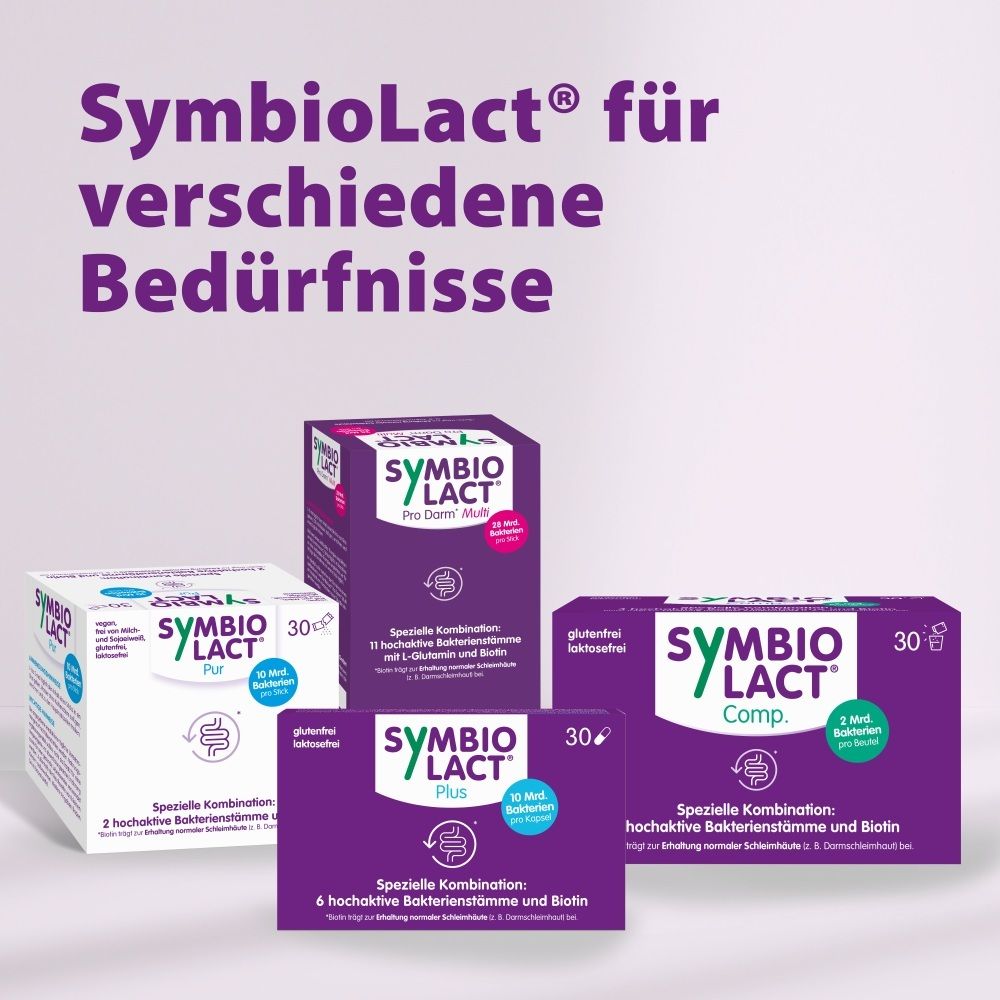 Mehrere SymbioLact Produkte: Comp. forte, Plus, Pro Bio. Verschiedene Packungsgrößen.