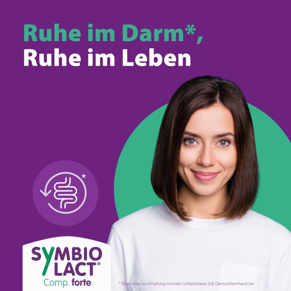 Frau lächelt, SymbioLact Comp. forte Logo. "Ruhe im Darm, Ruhe im Leben".