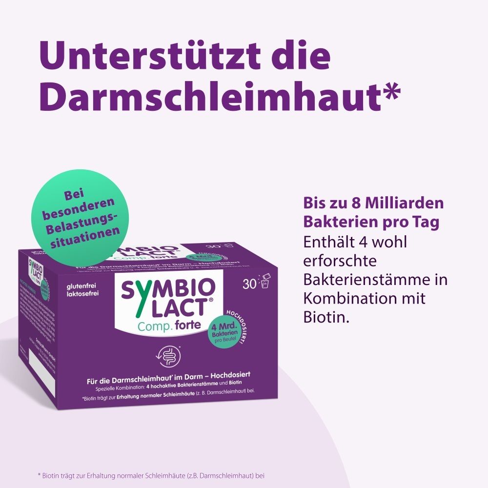 SymbioLact Comp. forte Karton. Unterstützt die Darmschleimhaut. Bis zu 8 Milliarden Bakterien pro Tag.