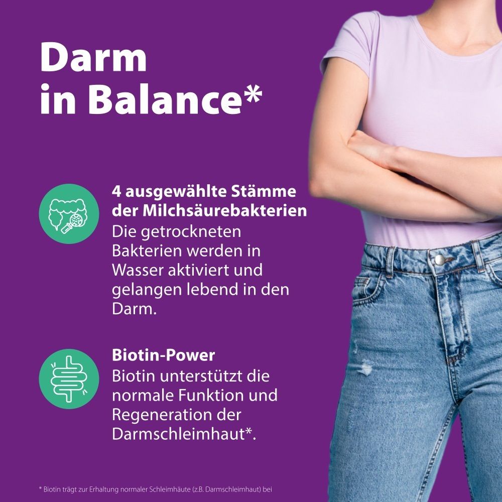 Frau mit Jeans. 4 ausgewählte Stämme von Milchsäurebakterien. Biotin-Power unterstützt die Darmschleimhaut.