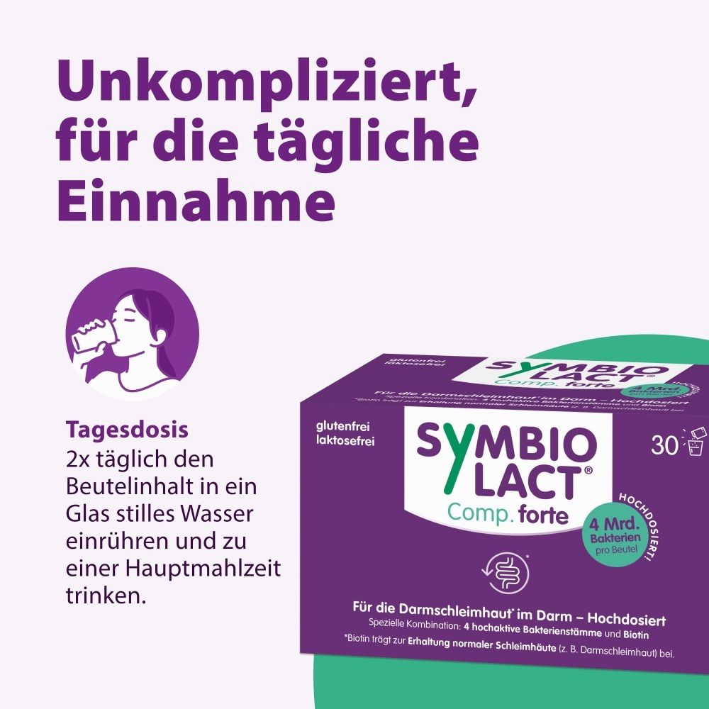 Frau trinkt Wasser. SymbioLact Comp. forte Karton. Tagesdosis: 2x täglich Inhalt eines Beutels in Wasser einrühren.