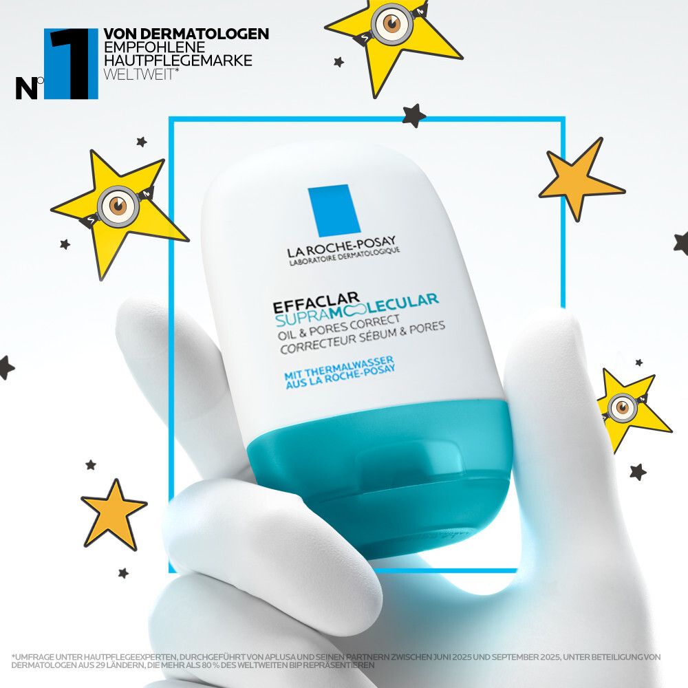 Hand hält La Roche Posay Effaclar Supramolecular Flasche, umgeben von gelben Sternen und schwarzen Punkten.
