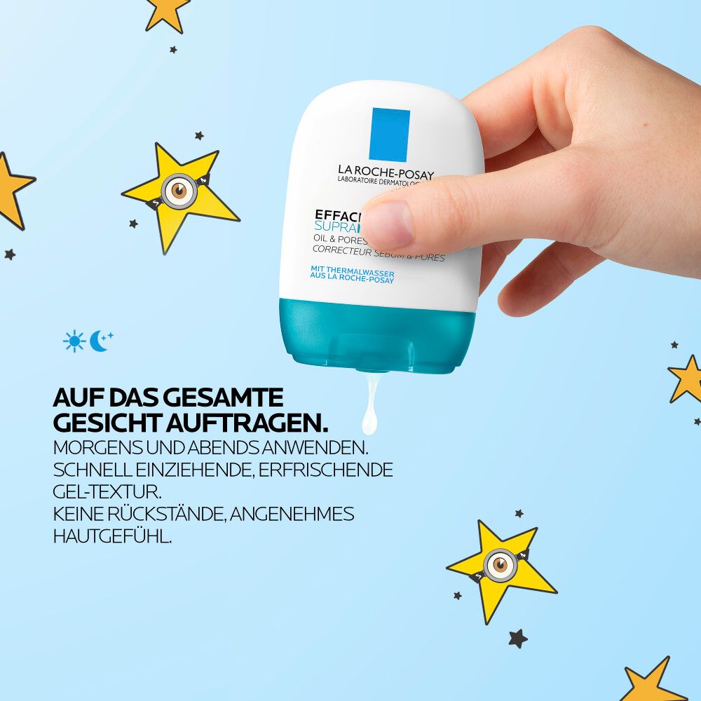 Hand hält La Roche Posay Effaclar Supramolecular Flasche, mit Tropfen, umgeben von Sternen.
