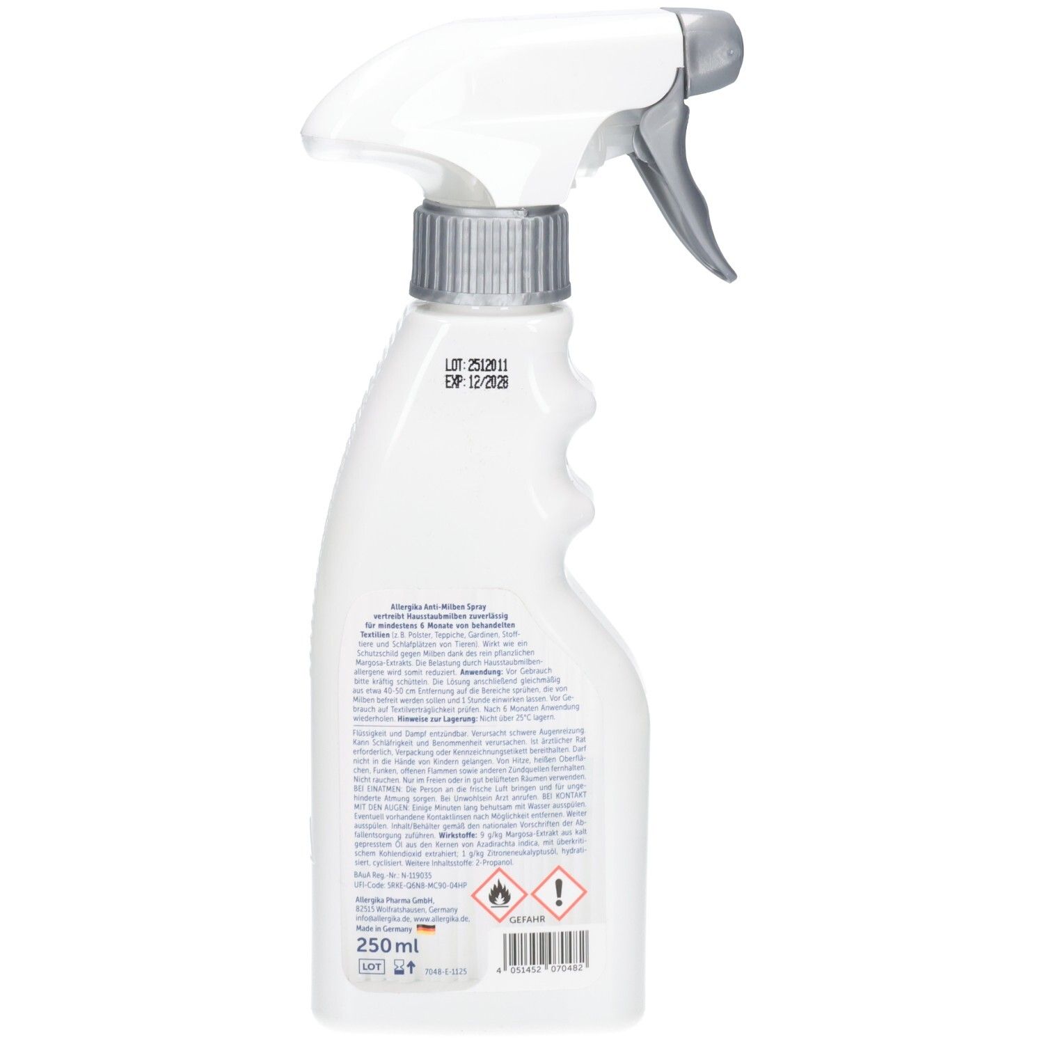 Rückseite der Allergika Anti-Milben Spray Flasche mit Etikett.