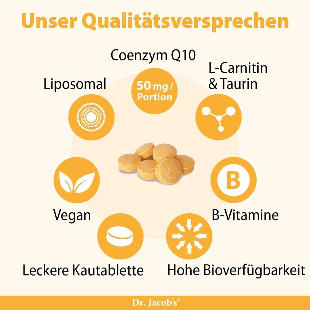 Qualitätsversprechen für Q10 Kautabletten: liposomal, 50mg/Portion, vegan, B-Vitamine, L-Carnitin, Taurin.