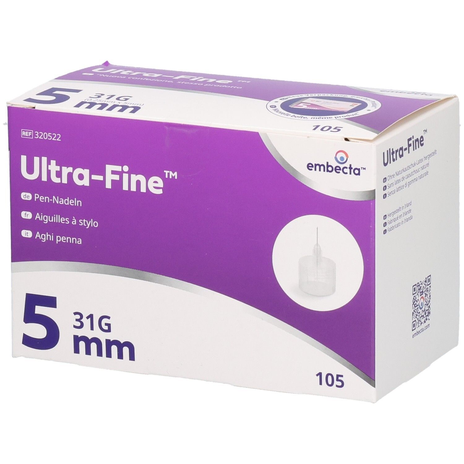 Verpackung von embecta Ultra-Fine Pen-Nadeln, 31G, 5 mm.