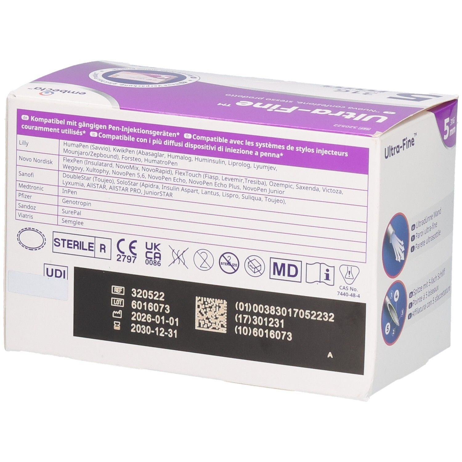 Rückseite der Verpackung mit Kompatibilitätsliste und Zertifizierungen.