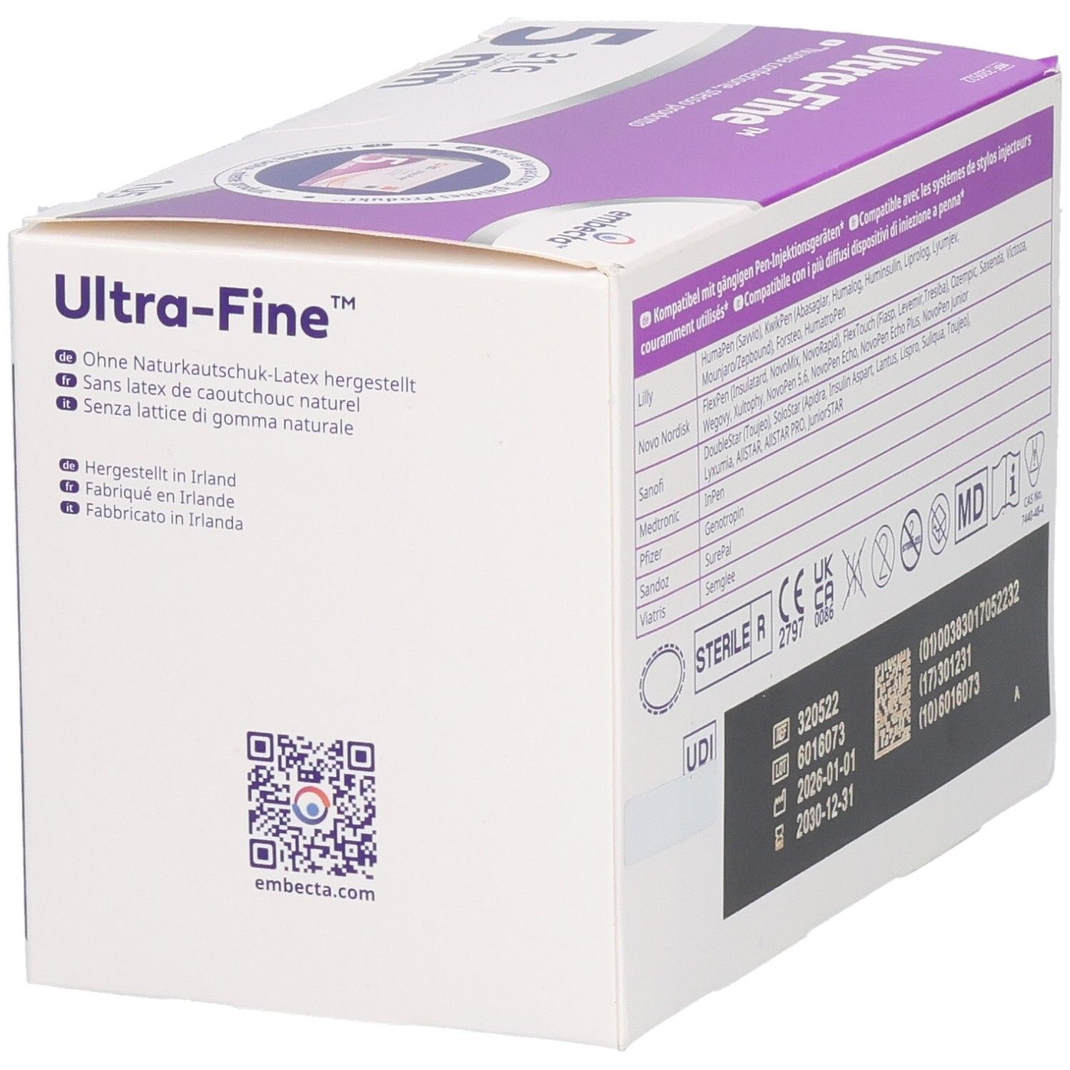 Seite der Verpackung mit Hinweis auf latexfreie Herstellung und Herkunft.