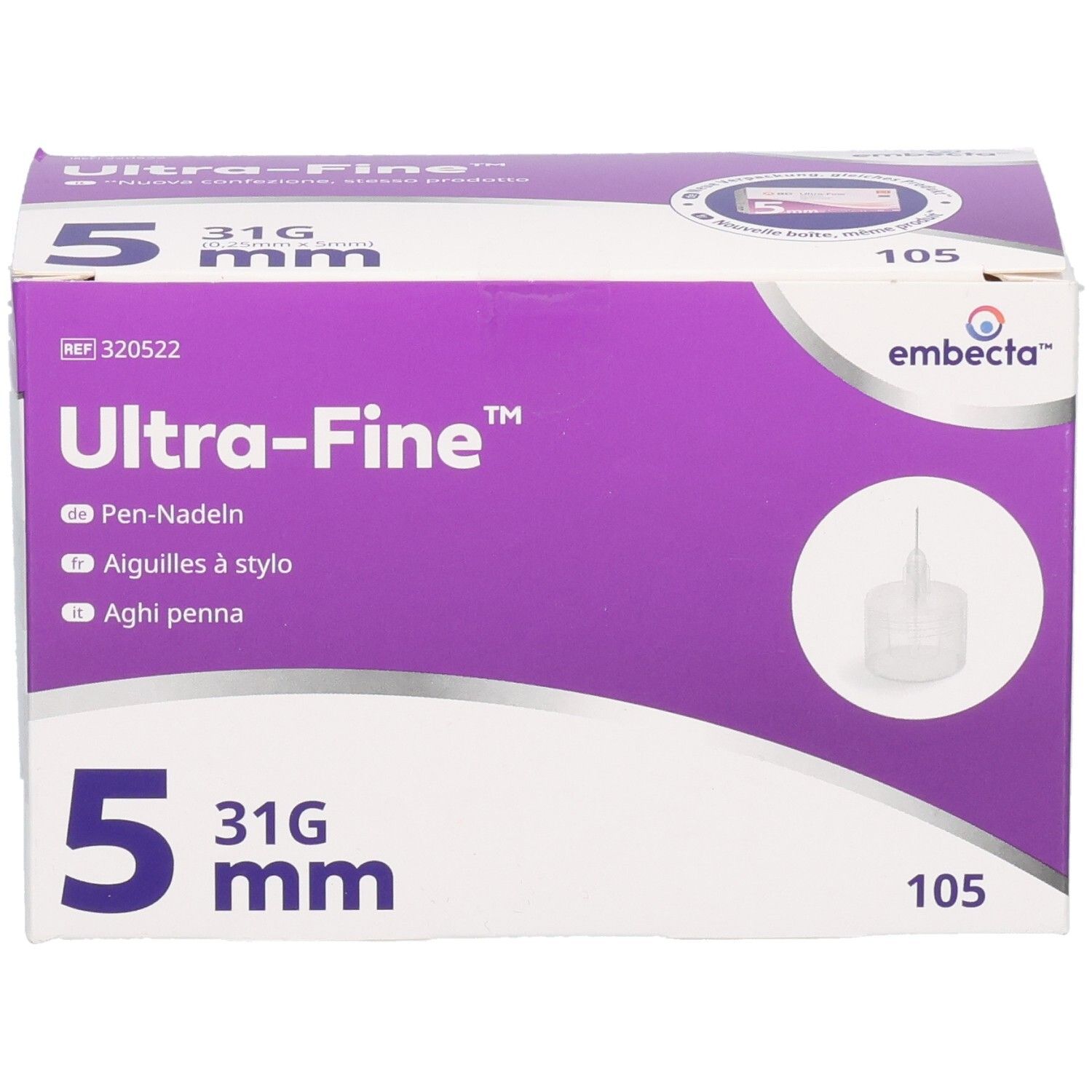 Verpackung von embecta Ultra-Fine Pen-Nadeln, 31G, 5 mm, Vorderansicht.