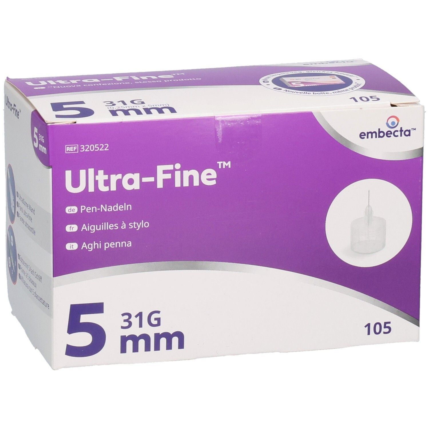 Verpackung von embecta Ultra-Fine Pen-Nadeln, 31G, 5 mm, schräge Ansicht.