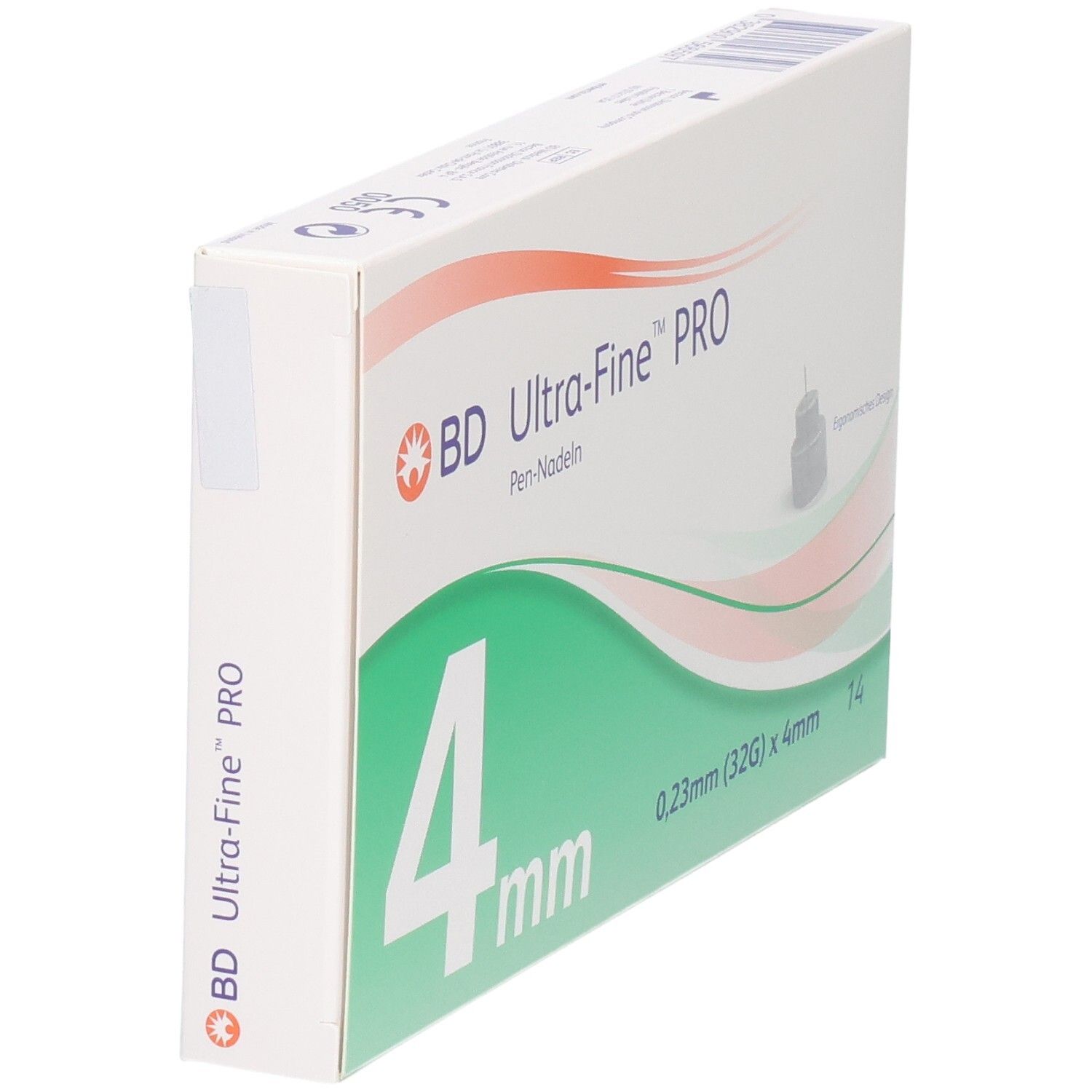 Verpackung BD Ultra-Fine™ PRO Pen-Nadeln, 4mm Länge, 32G Stärke, 14 Stück.