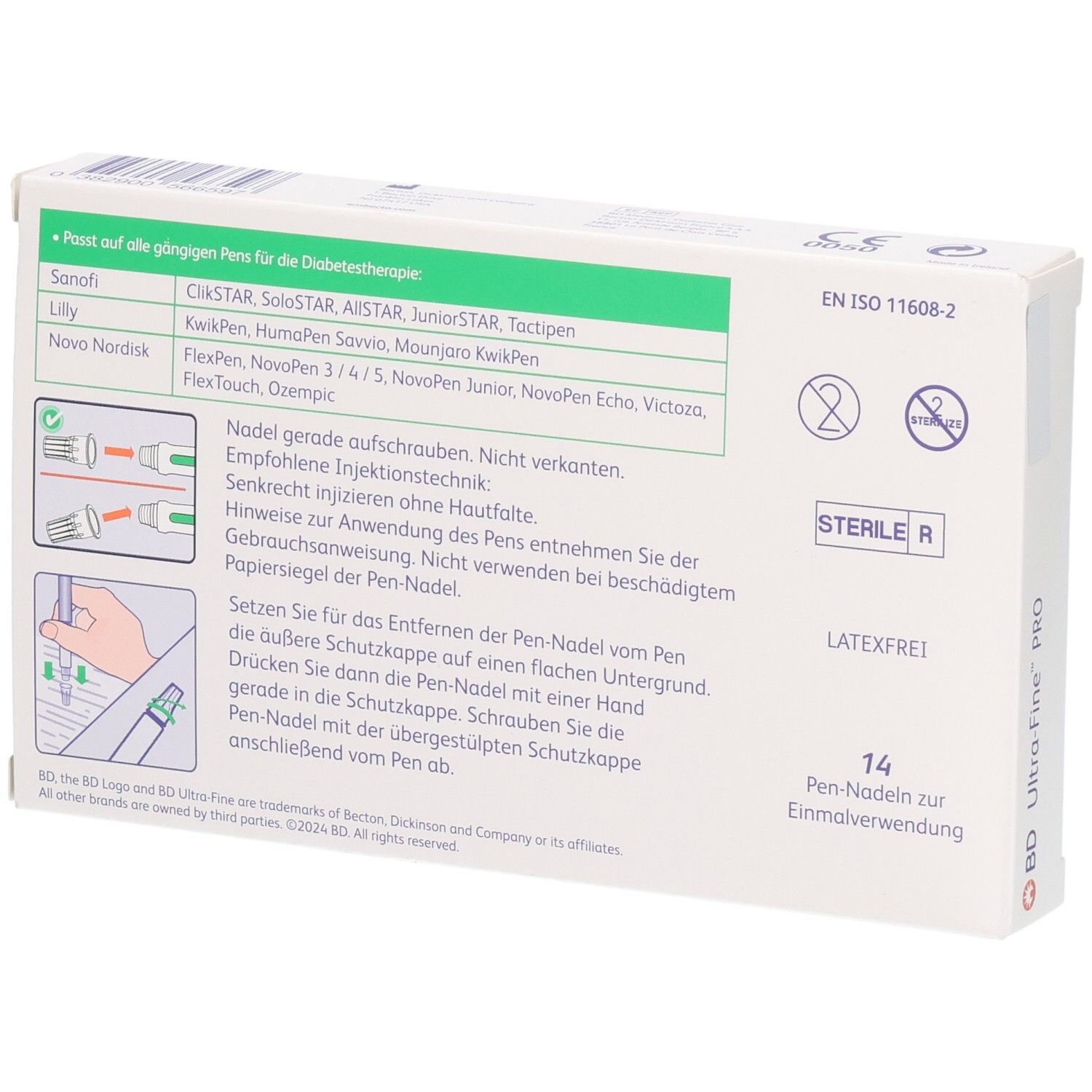 Rückseite Verpackung BD Ultra-Fine™ PRO Pen-Nadeln, steril, latexfrei, 14 Stück.