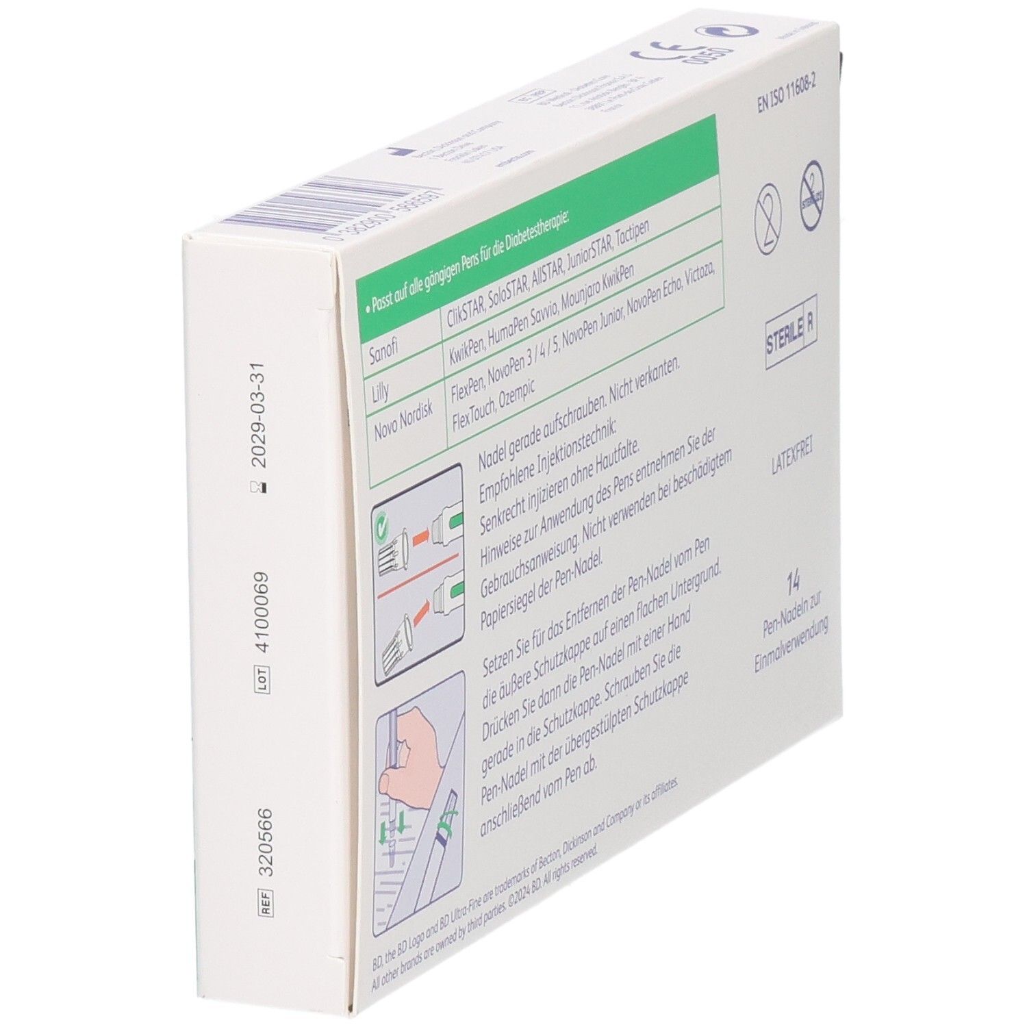 Rückseite Verpackung BD Ultra-Fine™ PRO Pen-Nadeln, steril, latexfrei, 14 Stück.