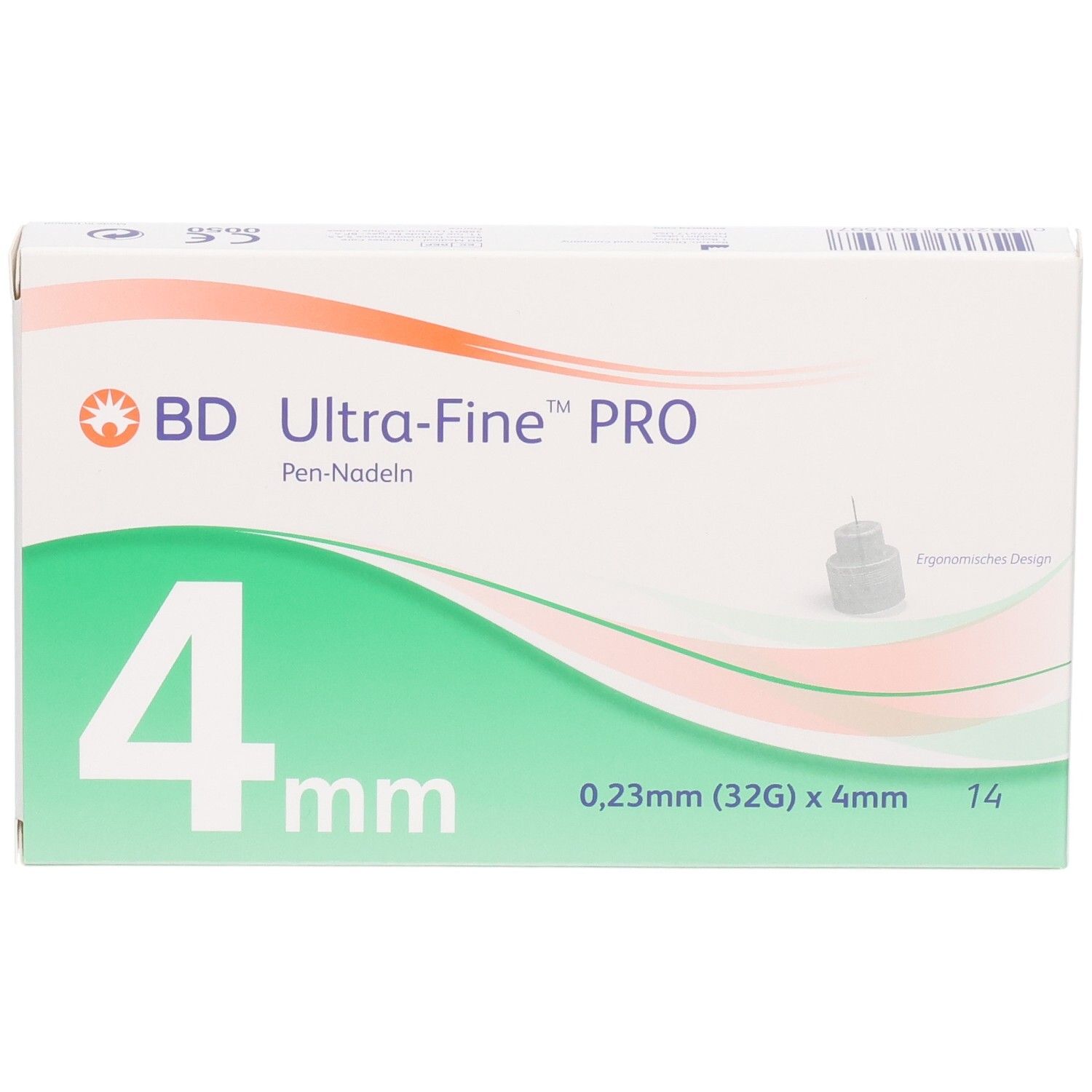Verpackung BD Ultra-Fine™ PRO Pen-Nadeln, 4mm Länge, 32G Stärke, 14 Stück.