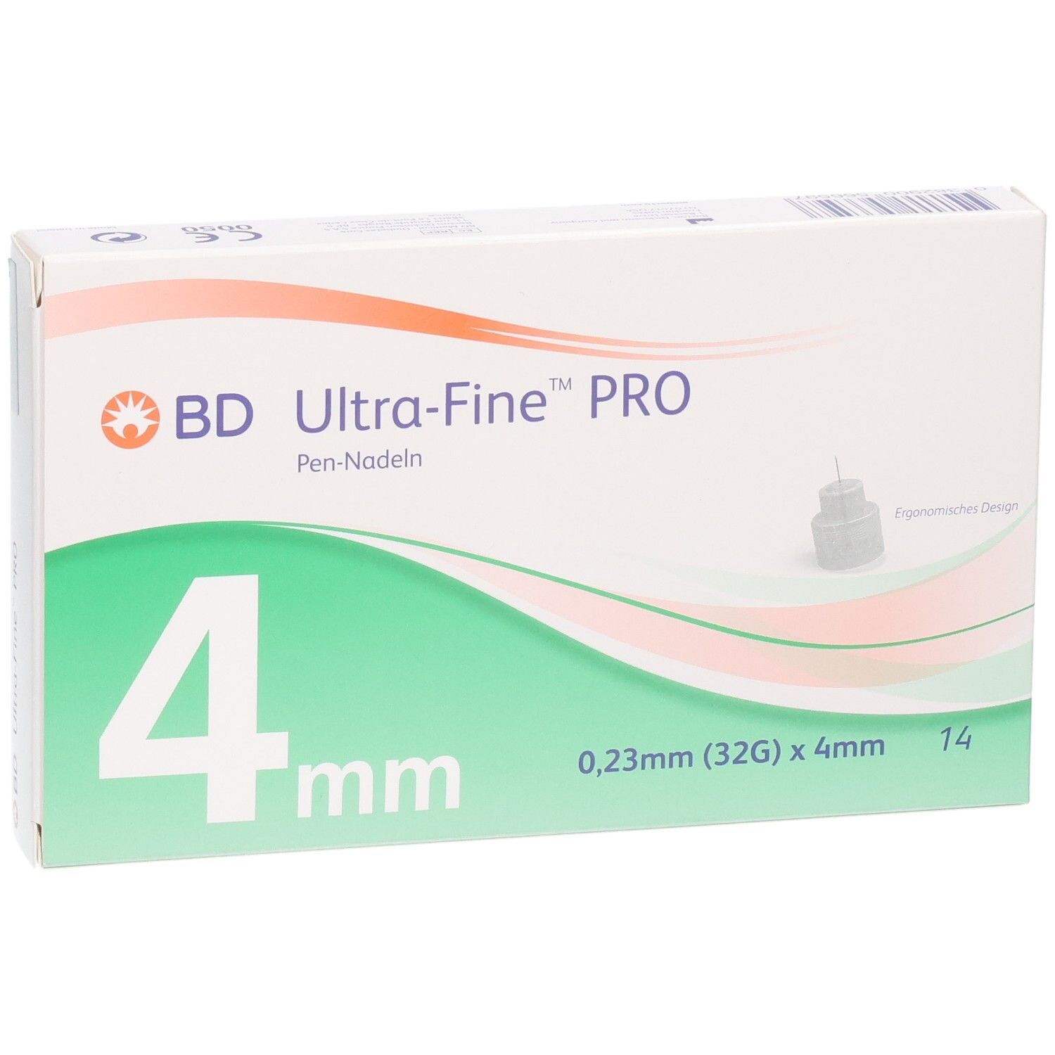 Verpackung BD Ultra-Fine™ PRO Pen-Nadeln, 4mm Länge, 32G Stärke, 14 Stück.