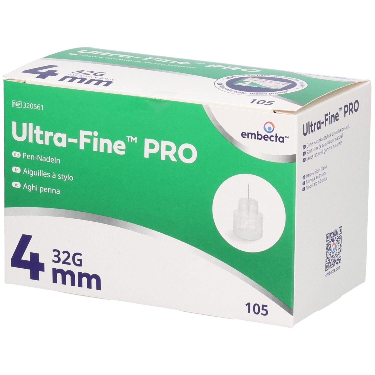 Verpackung von embecta Ultra-Fine™ PRO Pen-Nadeln, 32G, 4 mm.