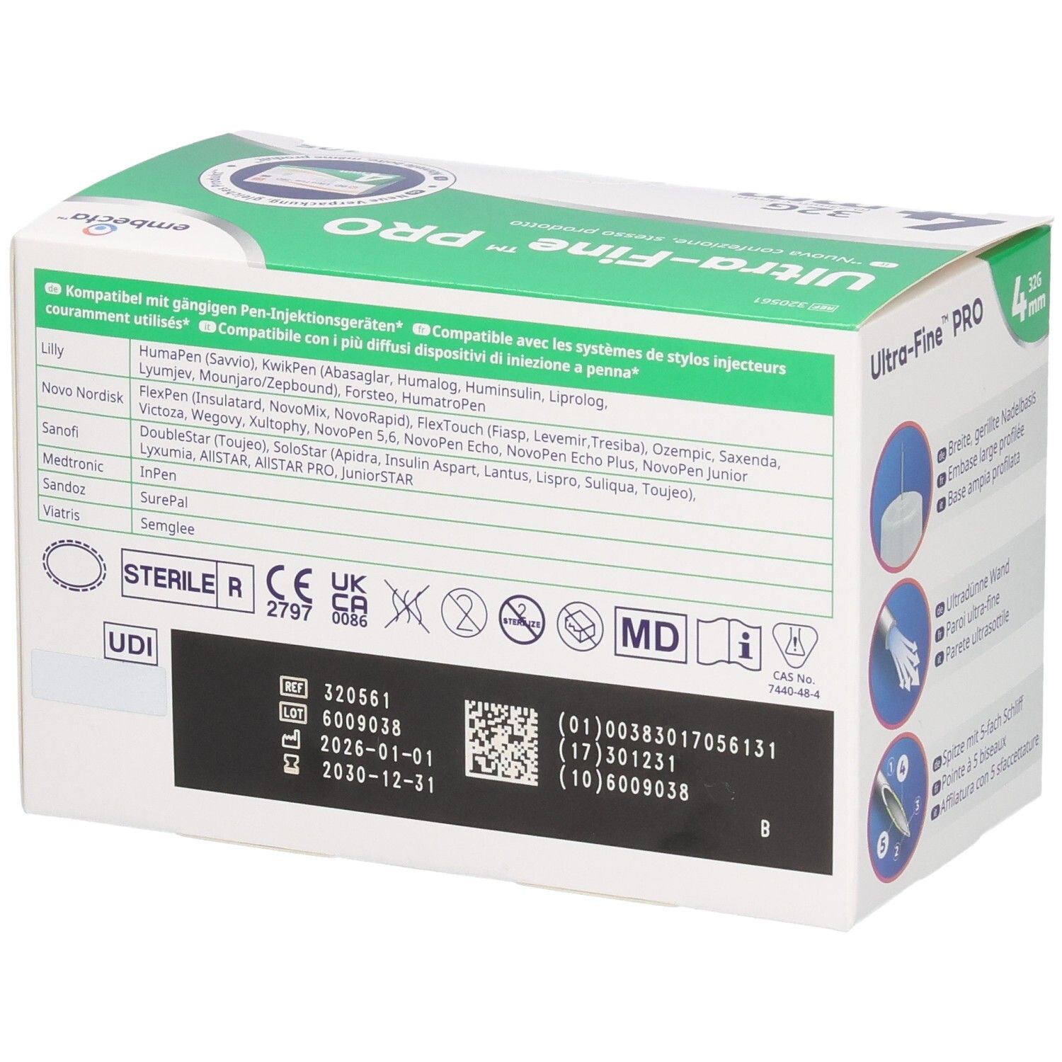 Rückseite der Verpackung von embecta Ultra-Fine™ PRO Pen-Nadeln mit CE-Kennzeichnung und UDI.